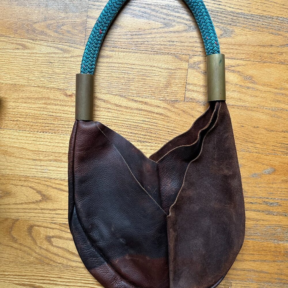 Wildwood Oyster Co. Brown Leather Small Tote with Signature Teal Dock Line
